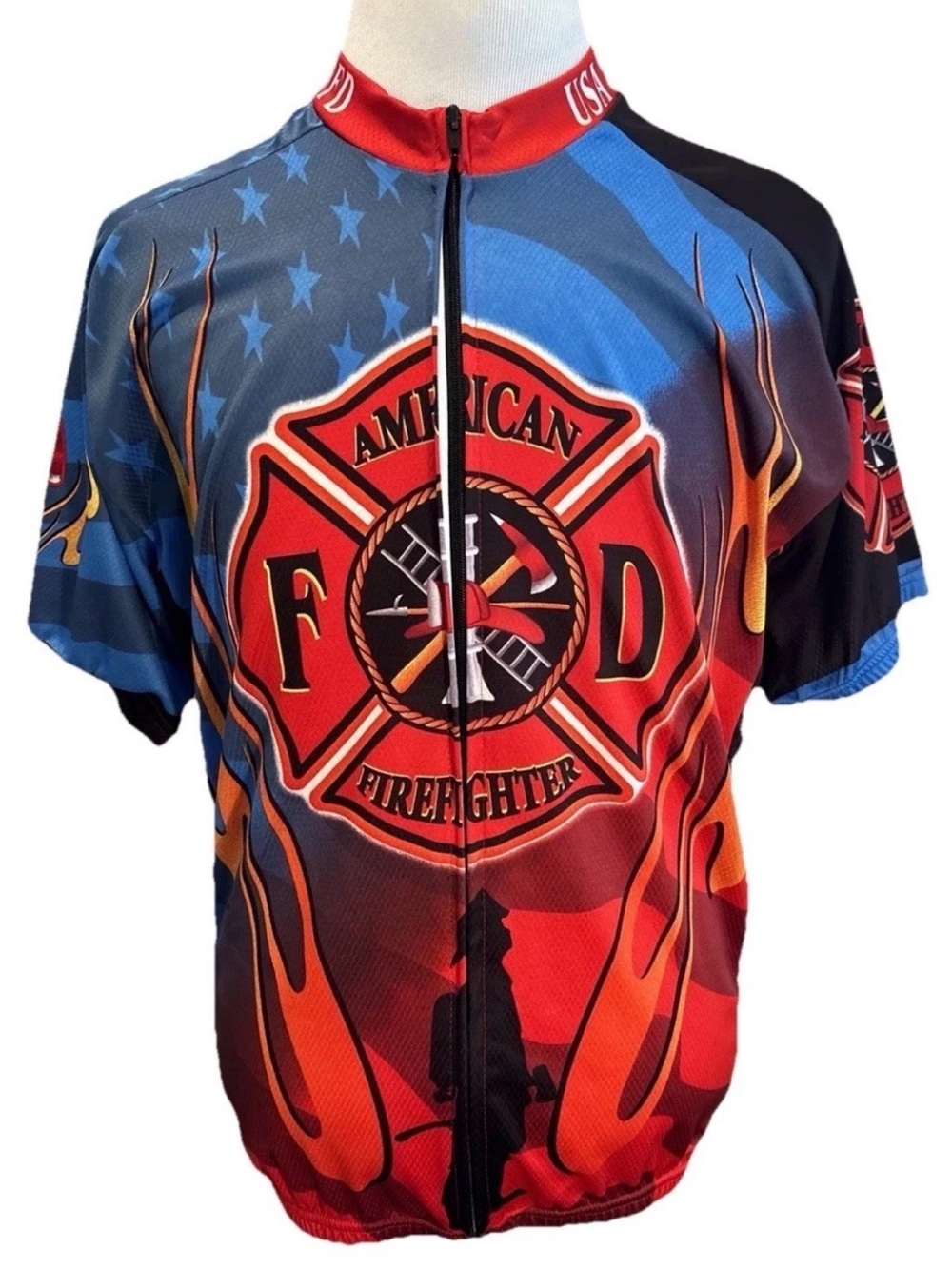 World Jerseys Cycling Jersey Mens XL Red FD American Firefighter Patriotic